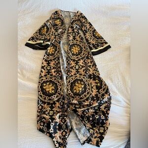 Black Baroque Print Duster Robe with Gold Medallions